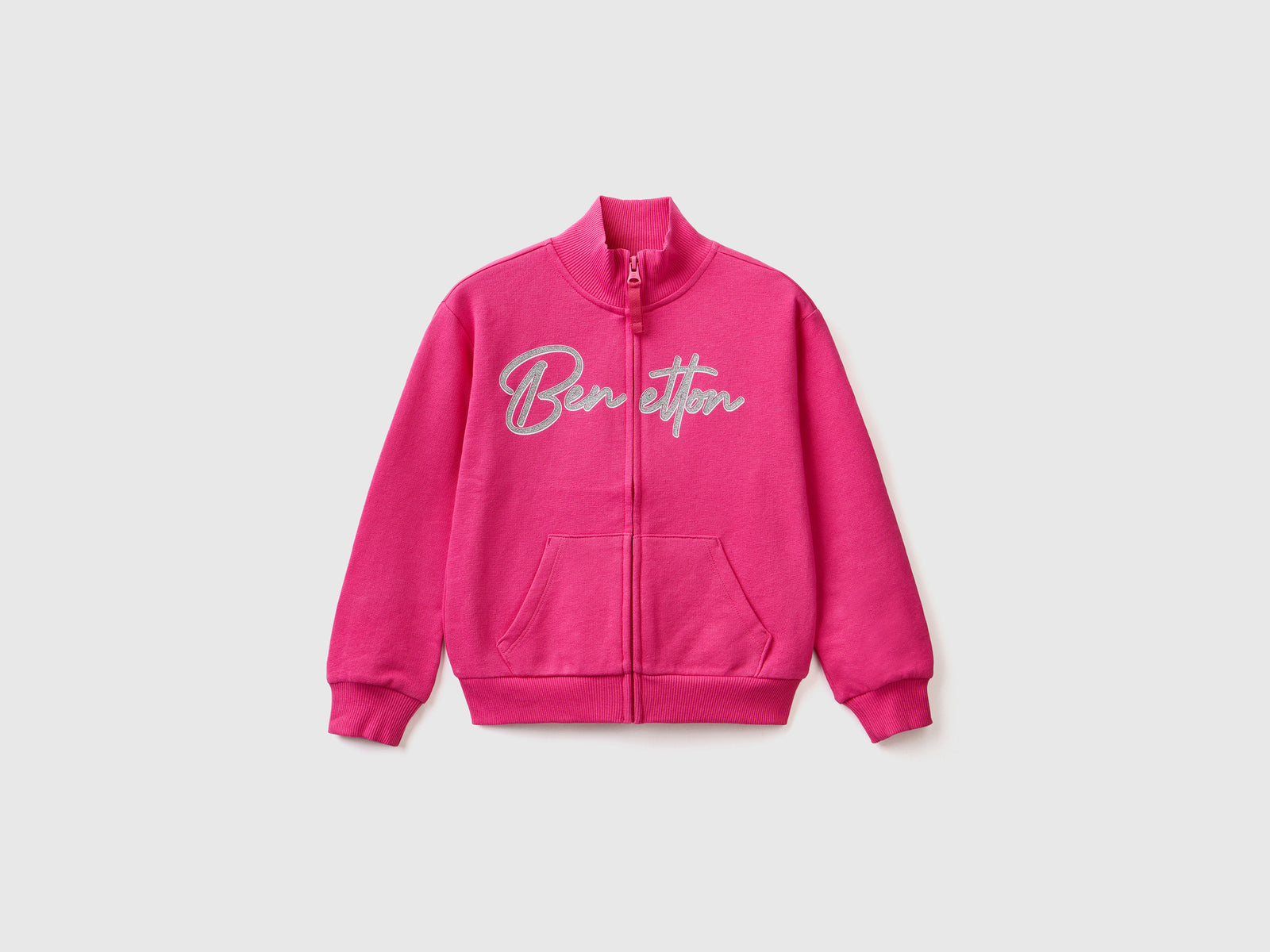 Felpa con colletto e apertura a zip in puro cotone da bambina fucsia | Benetton Outlet