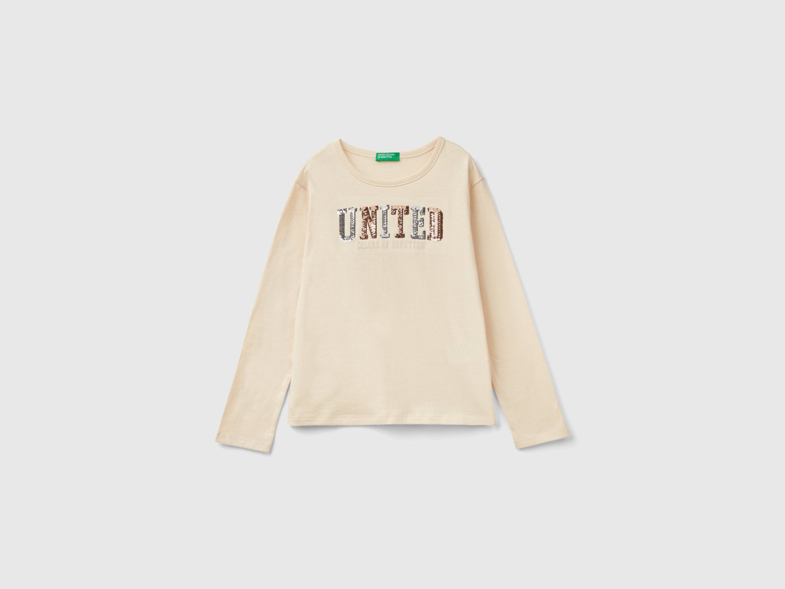 T-shirt in caldo cotone bio con paillettes da bambina bianco panna | Benetton Outlet