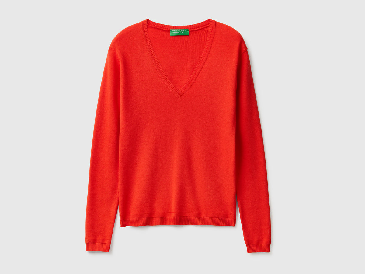Maglia in puro cotone con scollo a V da donna rosso | Benetton Outlet