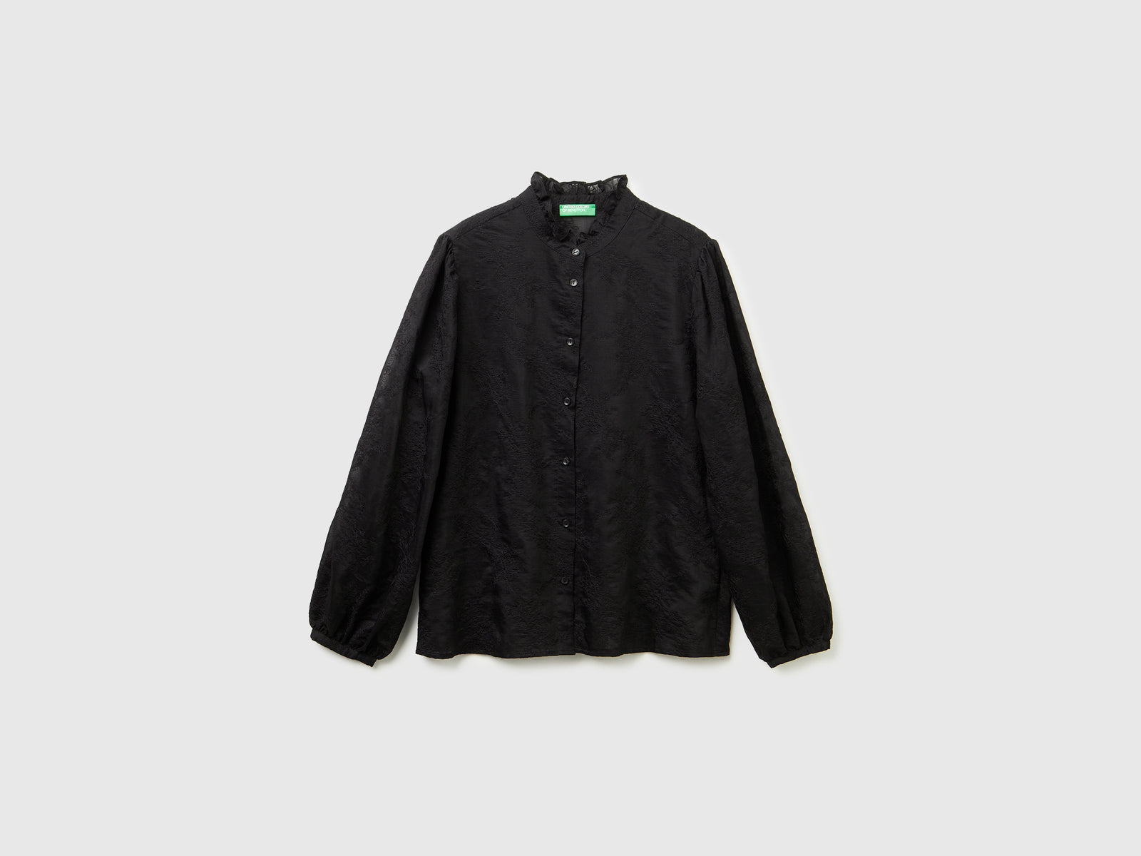 Blusa ricamata con collo rouches da donna nero | Benetton Outlet
