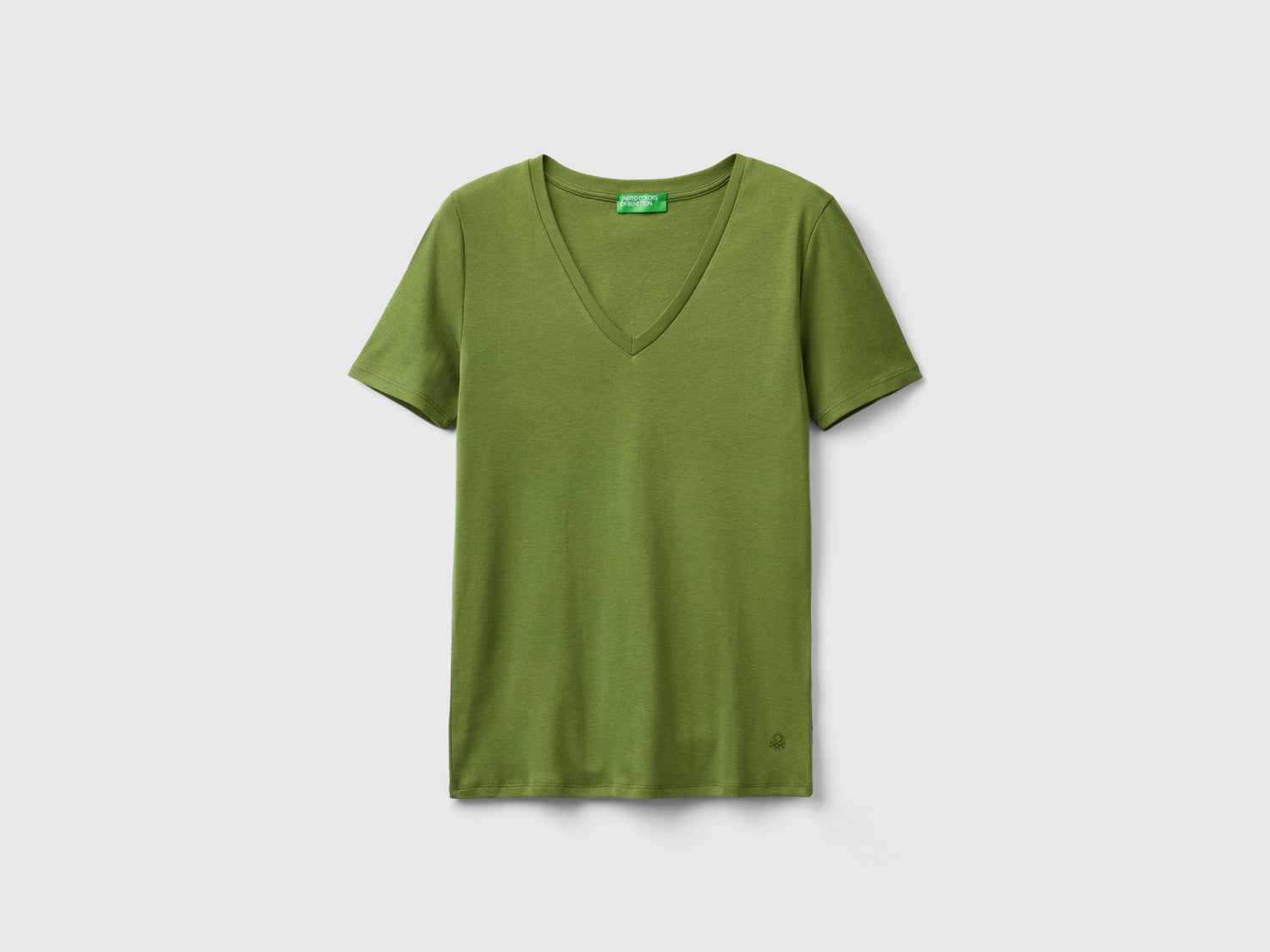 T-shirt in puro cotone con scollo a V da donna verde militare | Benetton Outlet