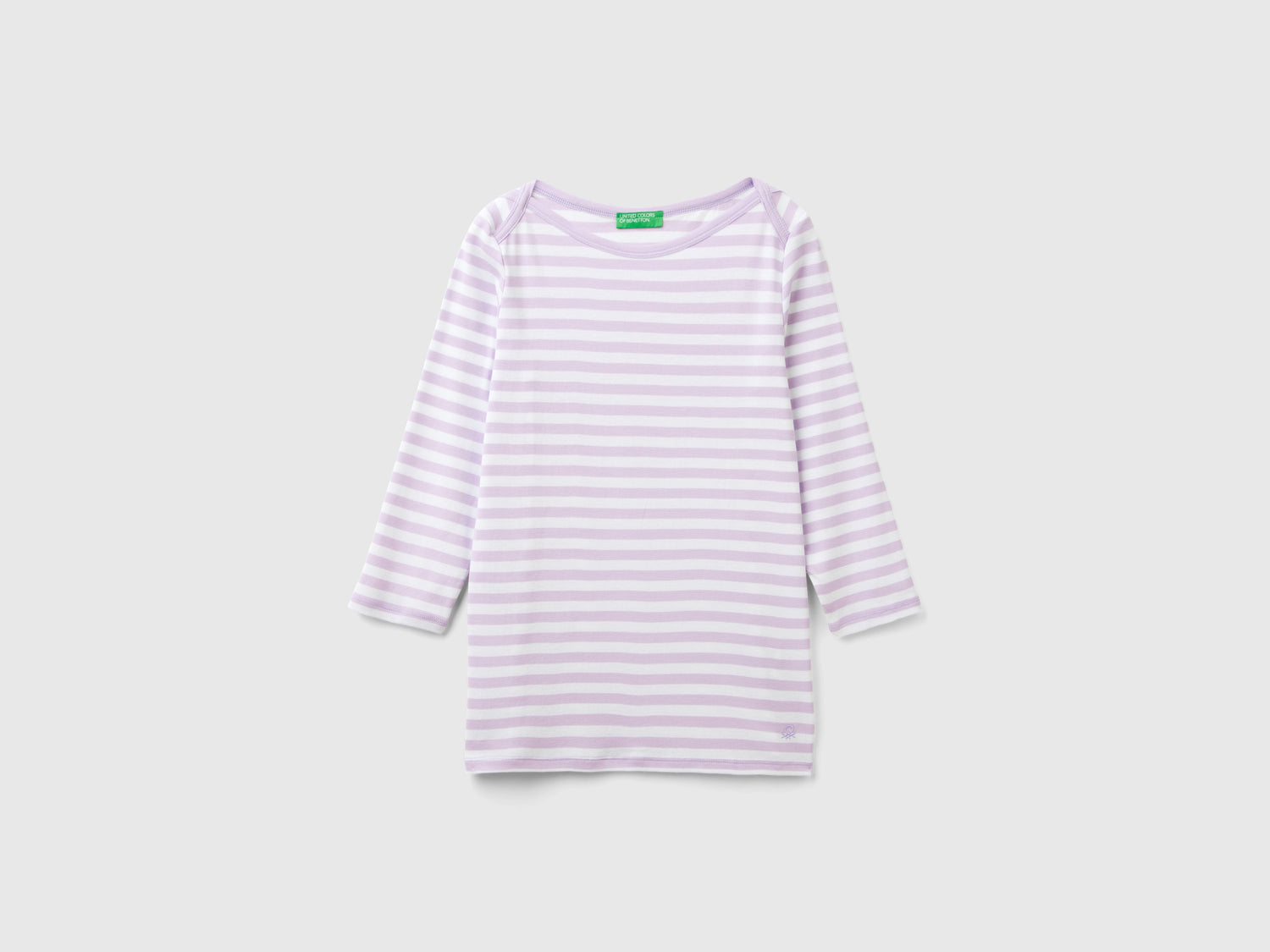T-shirt manica 3/4 a righe in puro cotone da donna lilla | Benetton Outlet
