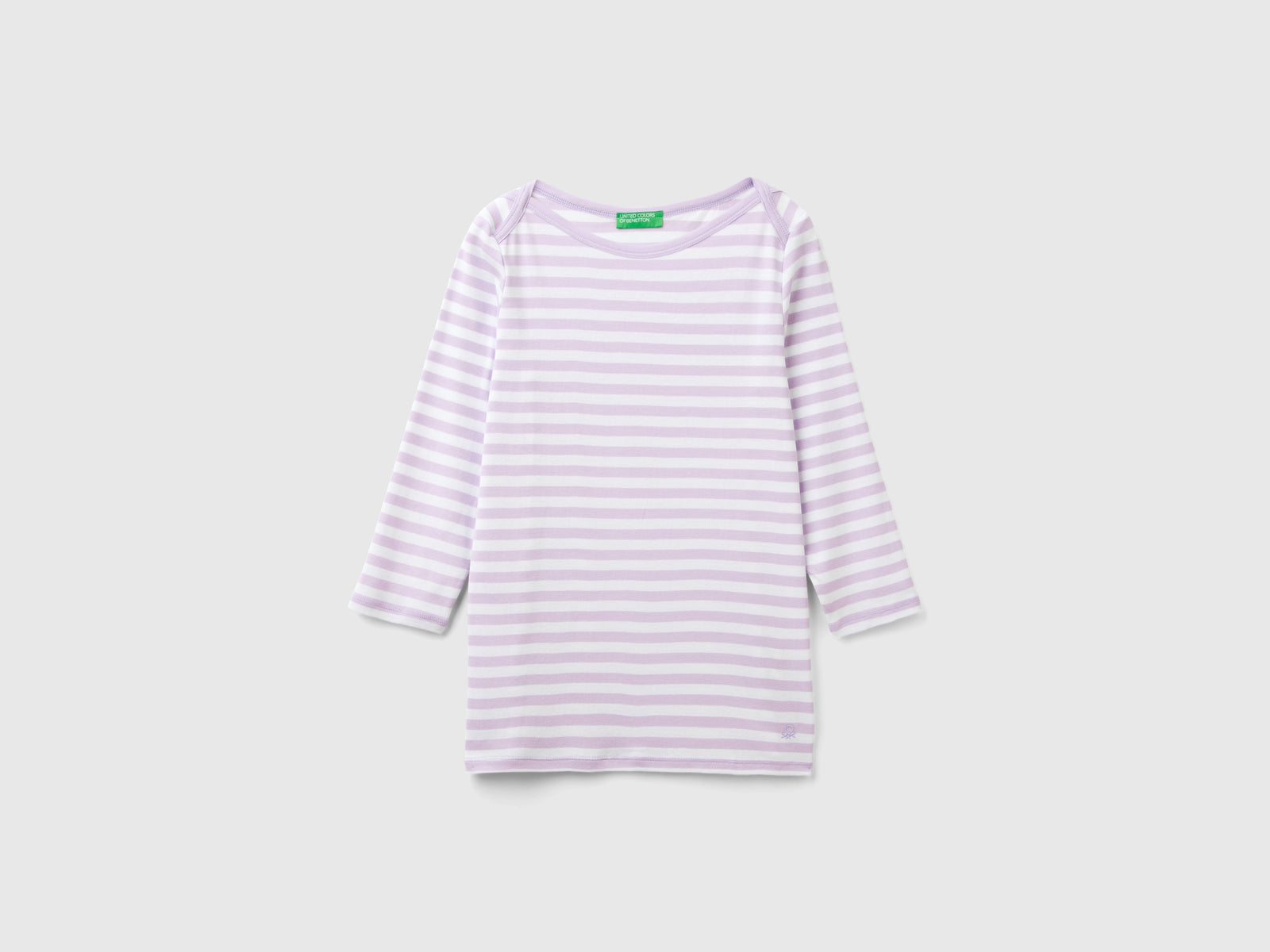 T-shirt manica 3/4 a righe in puro cotone da donna lilla | Benetton Outlet