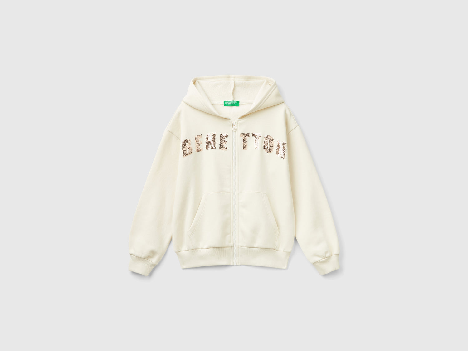 Felpa con zip e paillettes da bambina bianco panna | Benetton Outlet