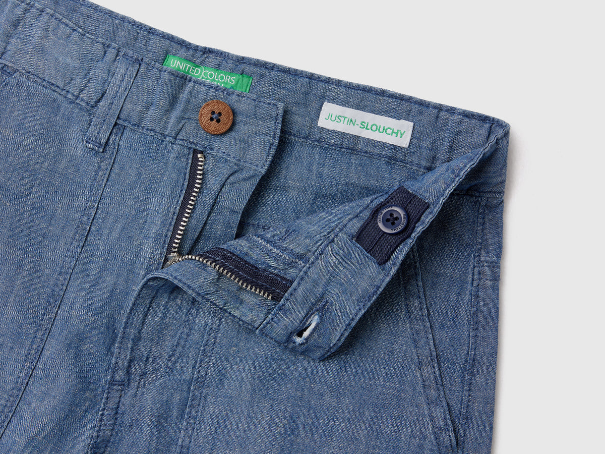 Pantaloni lunghi in chambray di cotone misto lino