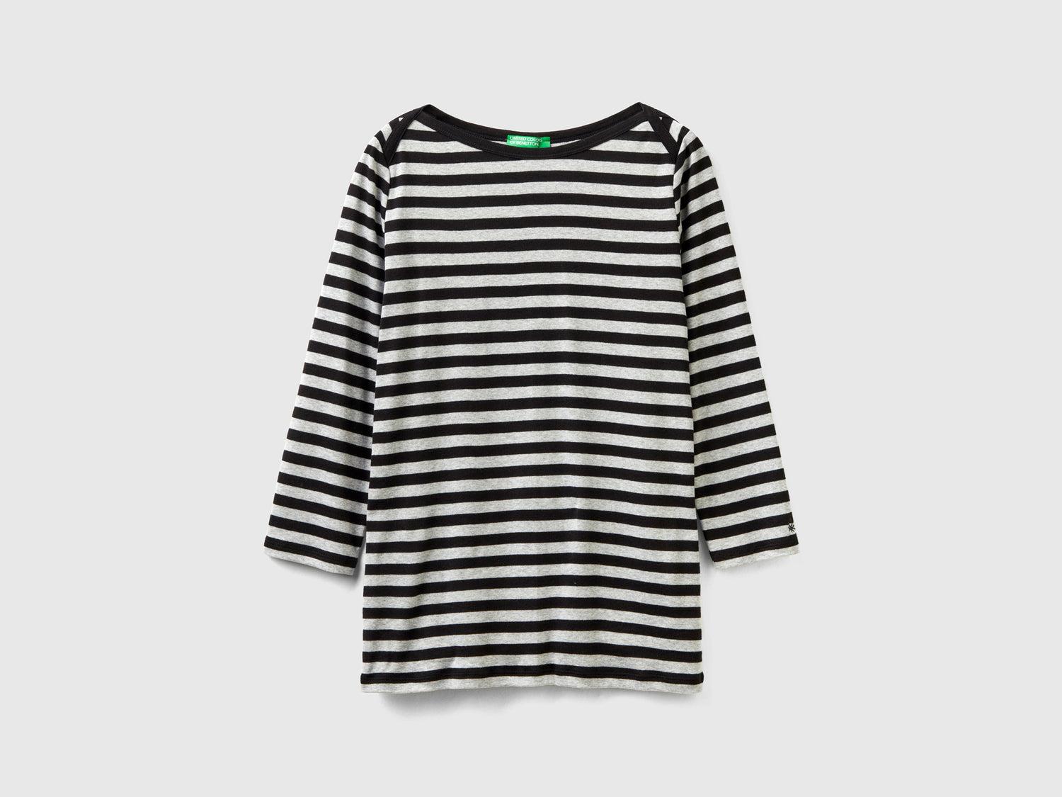 T-shirt manica 3/4 a righe in puro cotone da donna grigio | Benetton Outlet