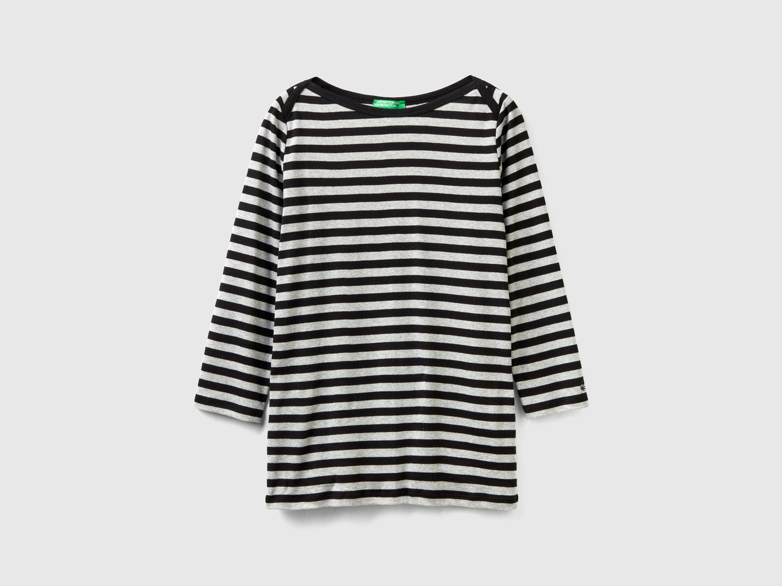 T-shirt manica 3/4 a righe in puro cotone da donna grigio | Benetton Outlet