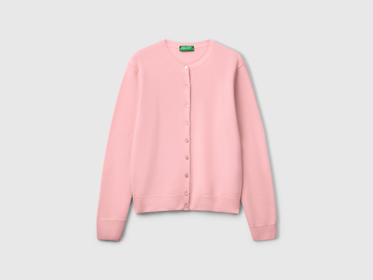 Cardigan girocollo rosa cipria in pura lana Merino