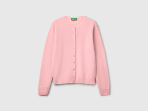 Cardigan girocollo rosa cipria in pura lana Merino