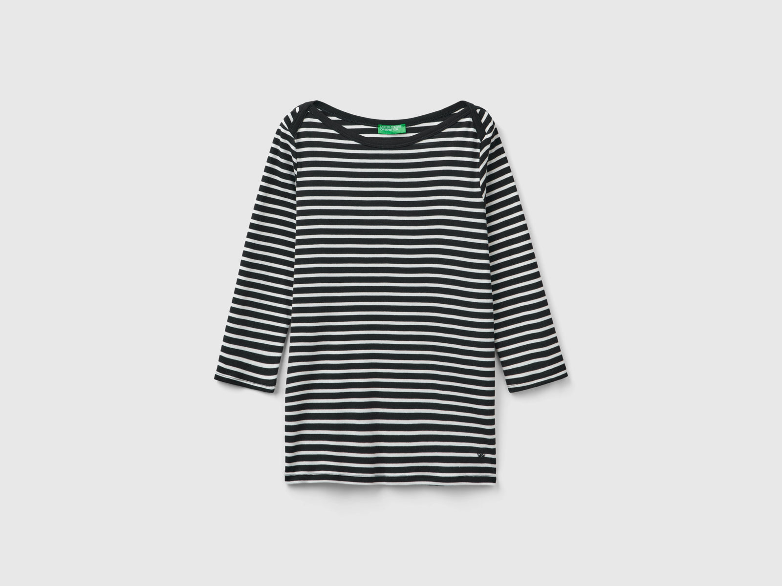 T-shirt manica 3/4 a righe in puro cotone da donna nero | Benetton Outlet