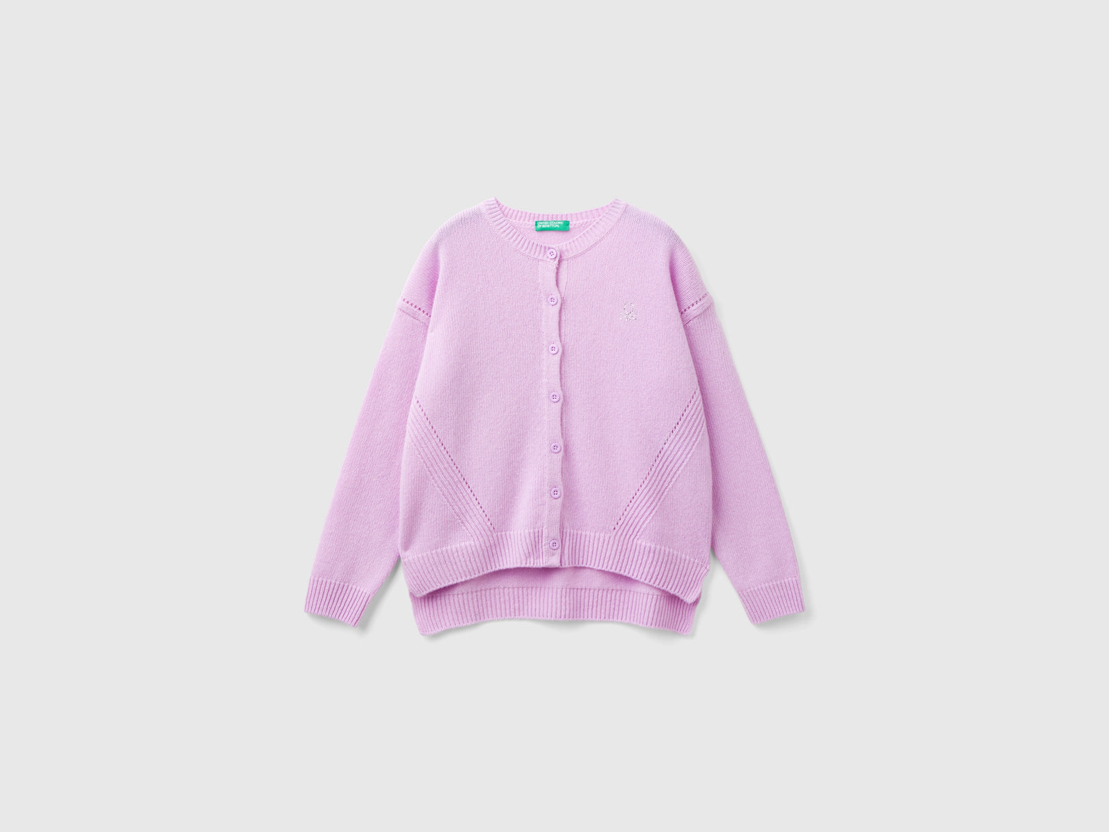 Cardigan girocollo con logo in strass da bambina lilla | Benetton Outlet