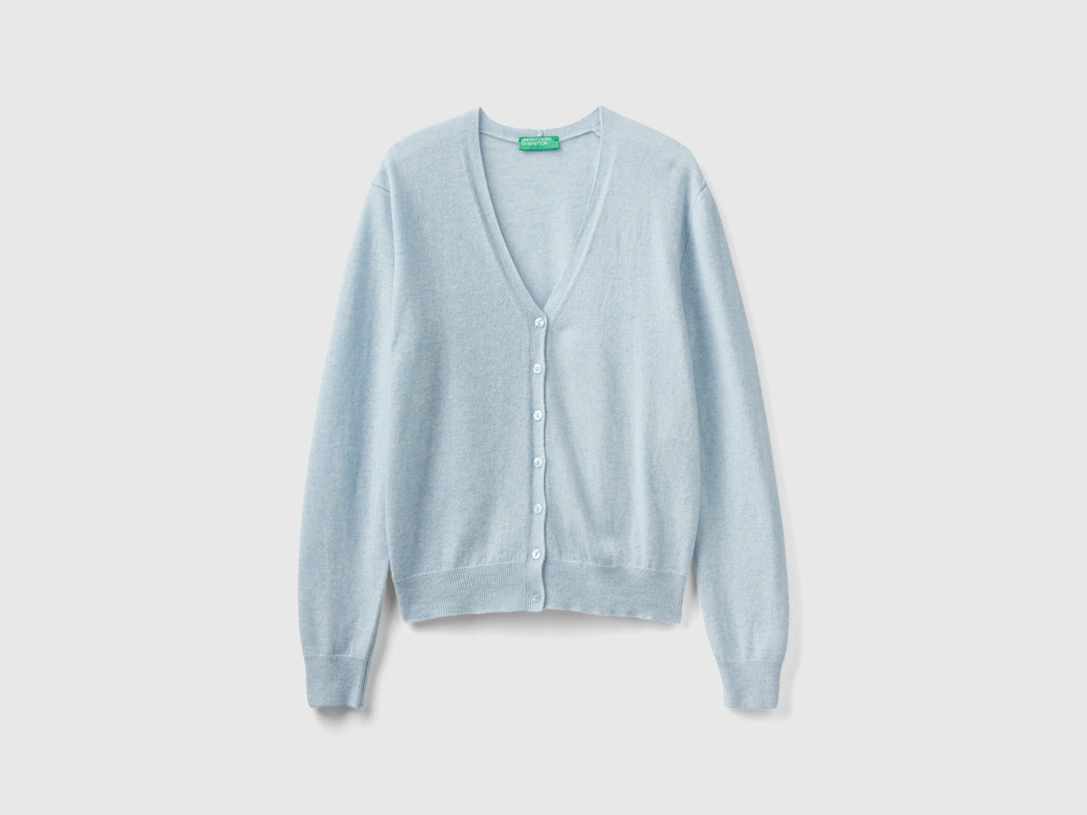 Cardigan scollo a V celeste in pura lana Merino