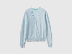 Cardigan scollo a V celeste in pura lana Merino