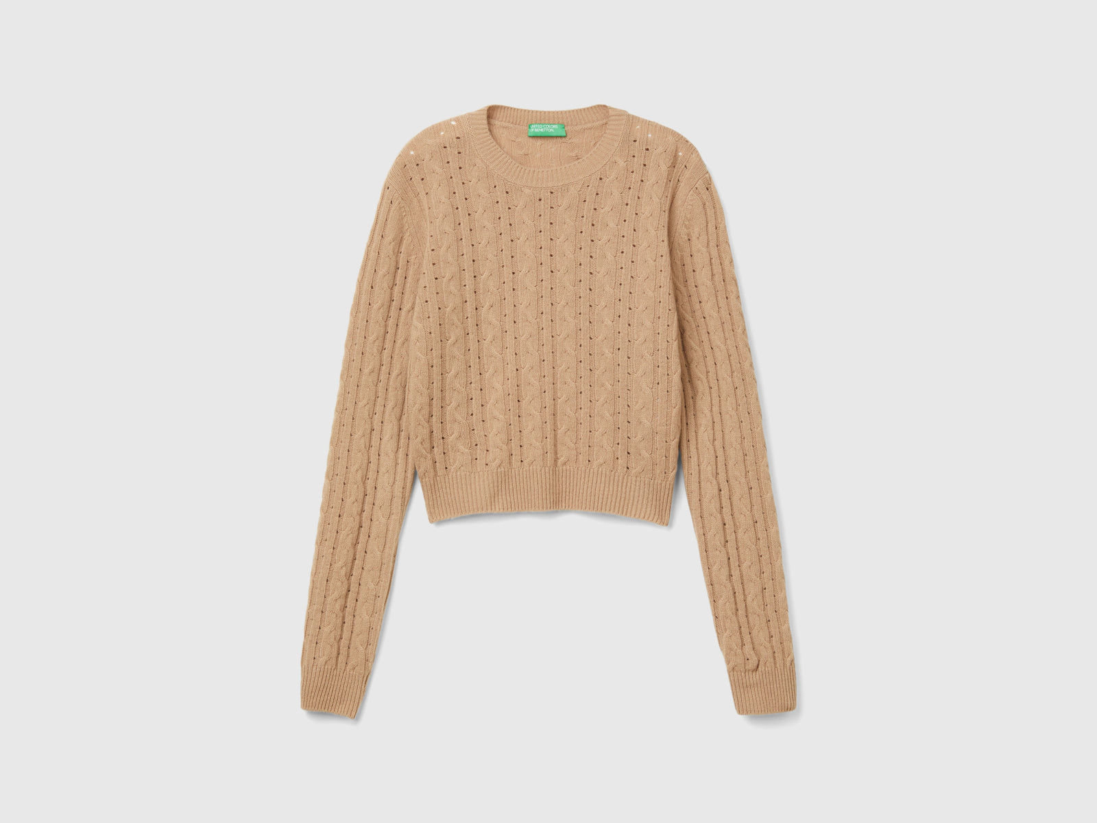 Maglia cropped con trecce e trafori da donna cammello | Benetton Outlet