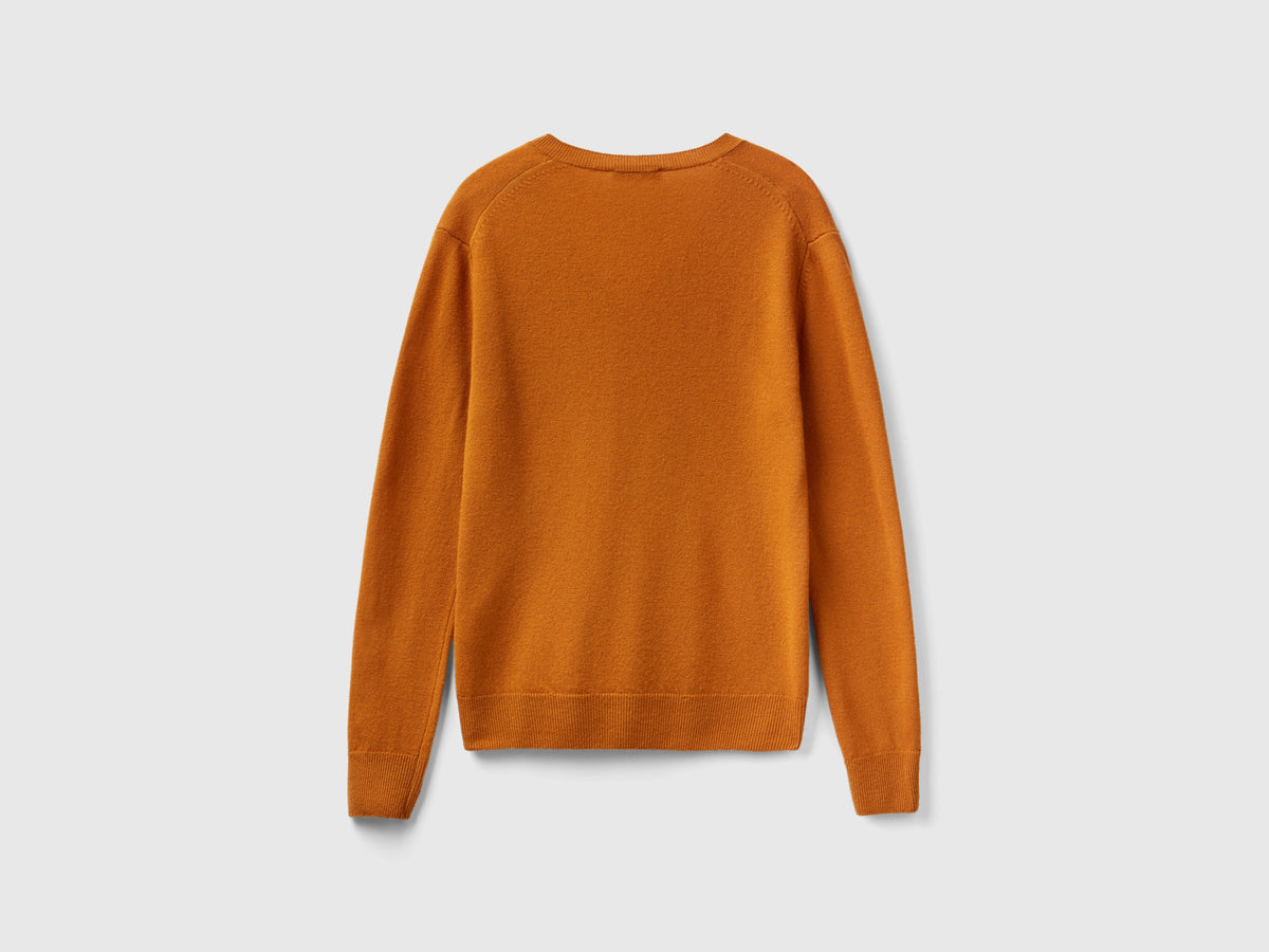 Maglia con scollo a V tabacco in pura lana Merino