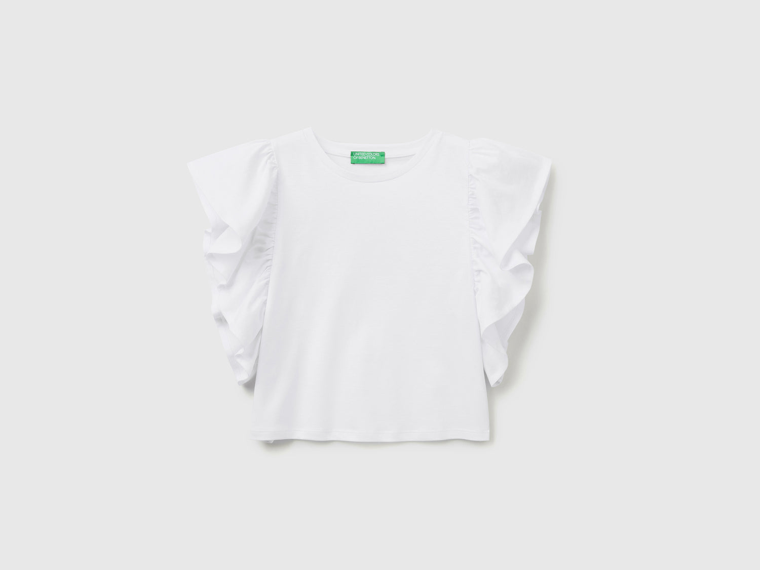 T-shirt smanicata in puro cotone con ampi volant applicati sul giromanica da donna bianco | Benetton Outlet