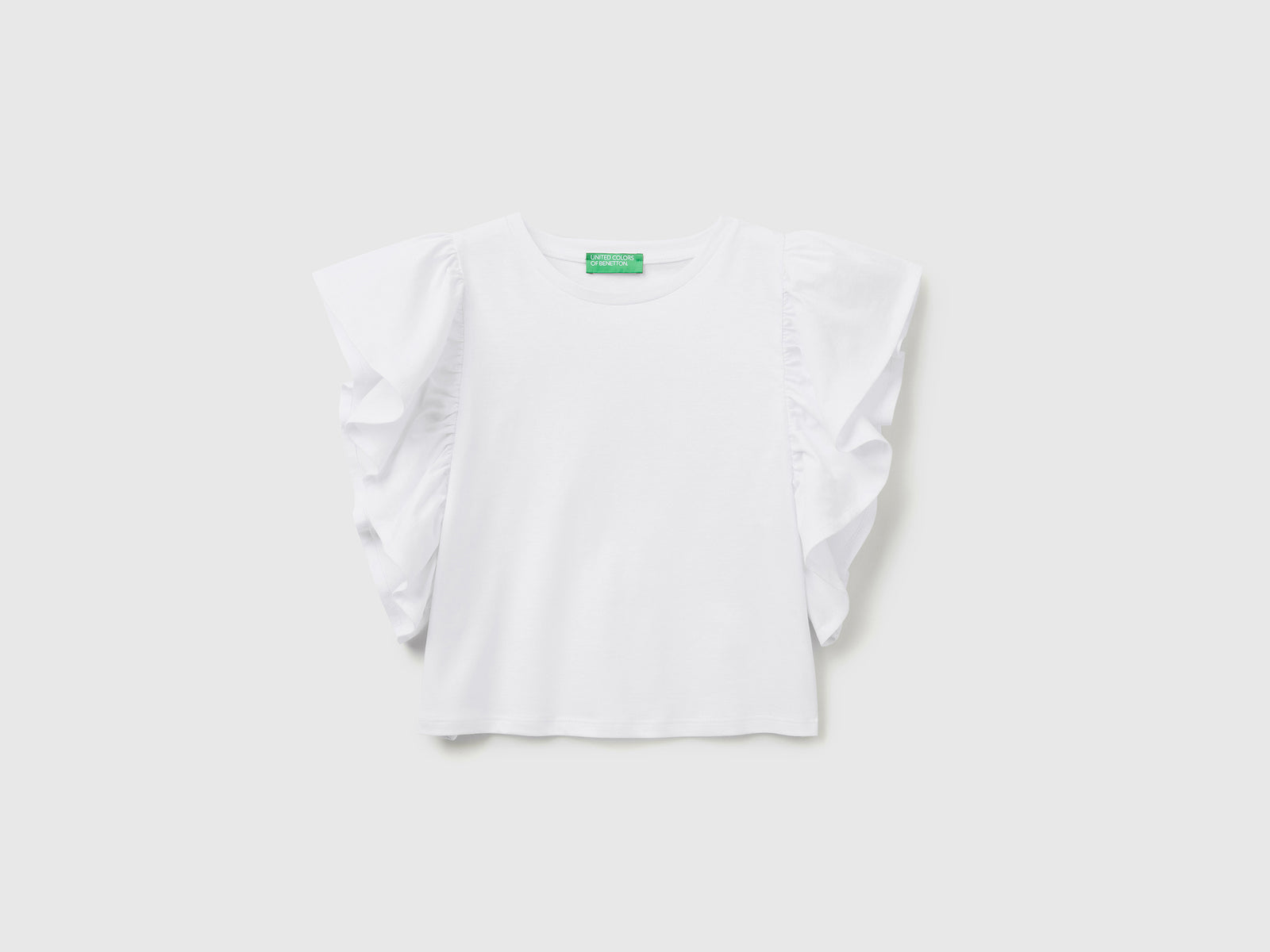 T-shirt smanicata in puro cotone con ampi volant applicati sul giromanica da donna bianco | Benetton Outlet