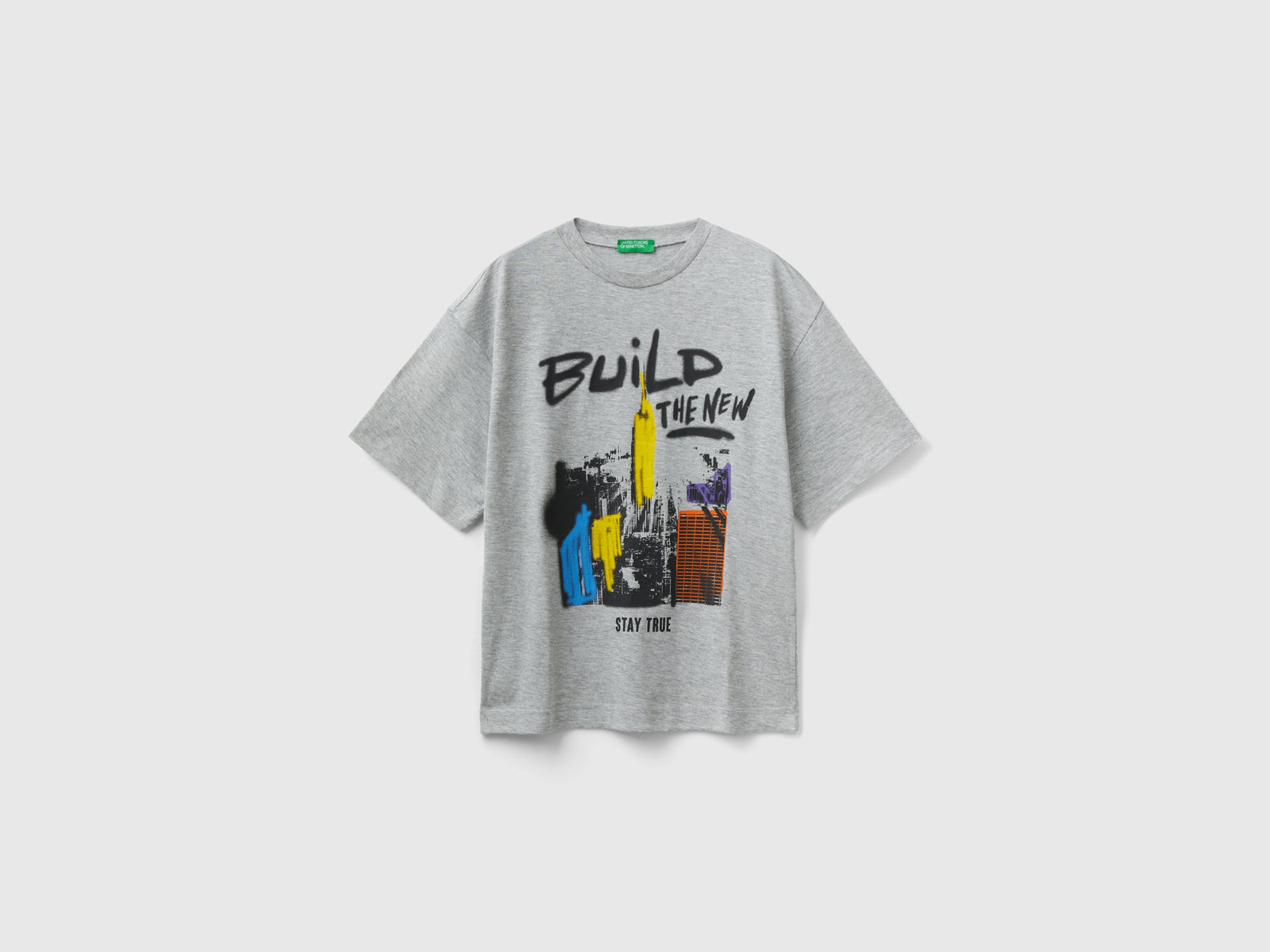 T-shirt girocollo con stampa da bambino grigio chiaro | Benetton Outlet