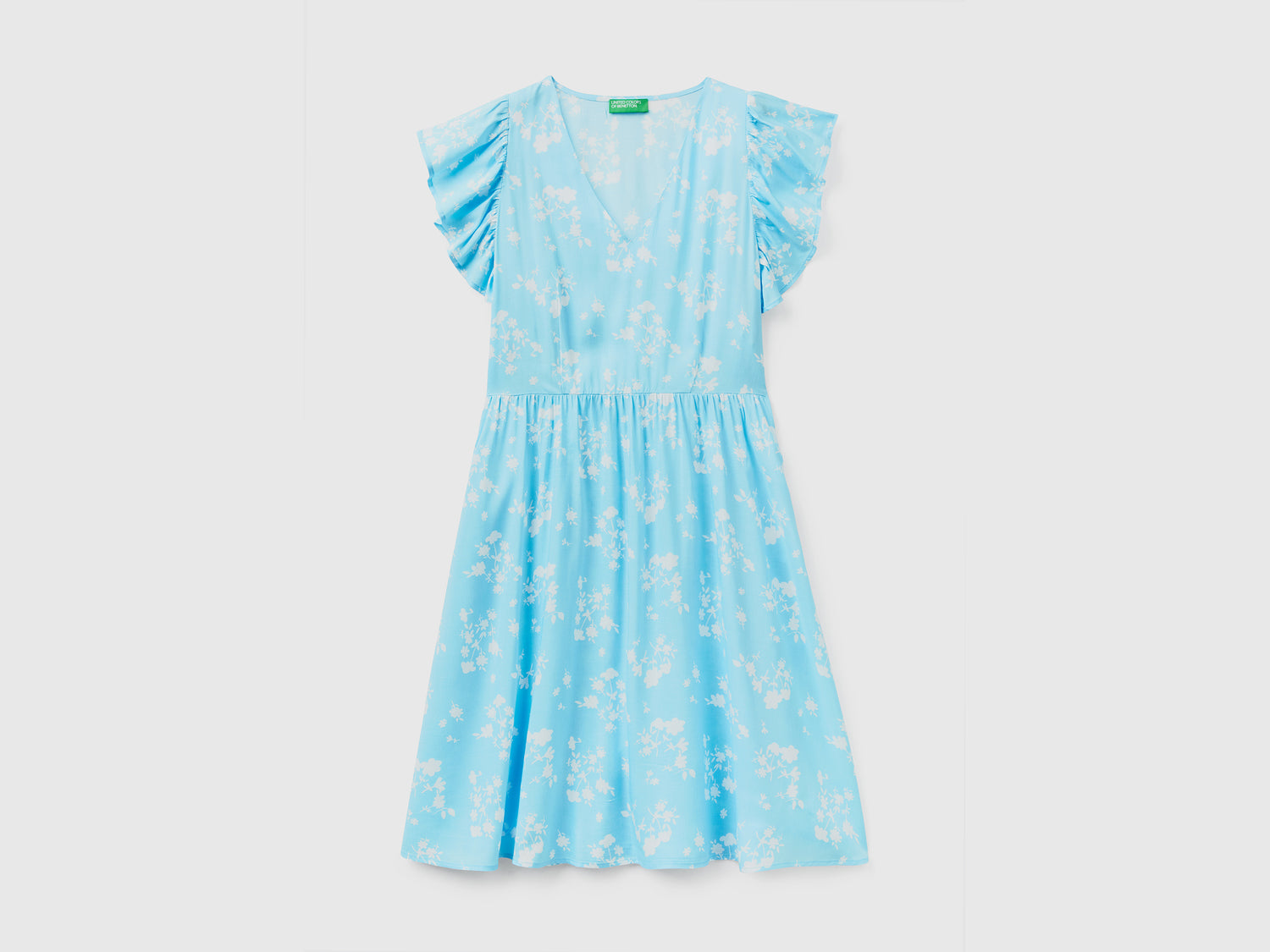 Vestito corto con scollo a V in tessuto fluido e leggero di pura viscosa da donna azzurro | Benetton Outlet