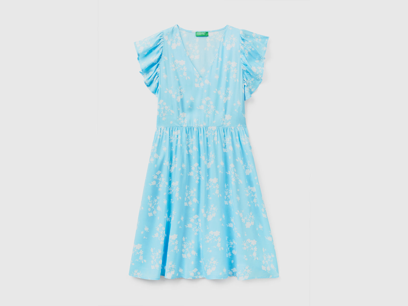 Vestito corto con scollo a V in tessuto fluido e leggero di pura viscosa da donna azzurro | Benetton Outlet