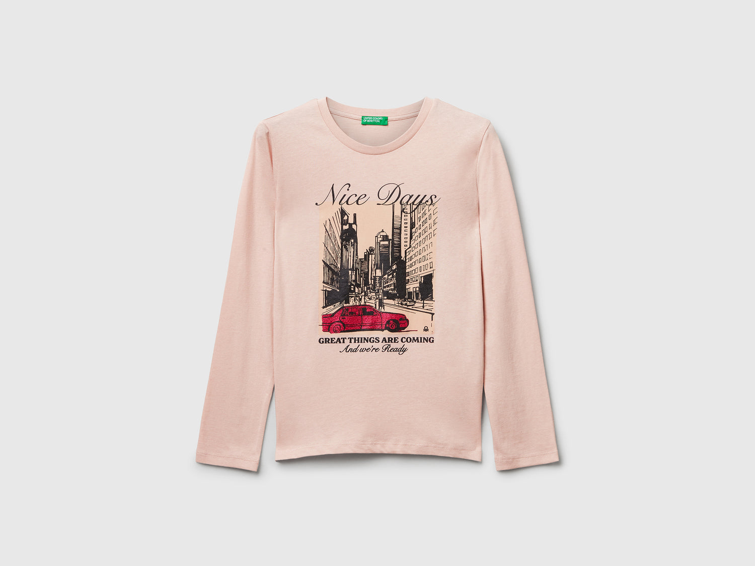 Maglietta con stampa glitter da bambina rosa tenue | Benetton Outlet