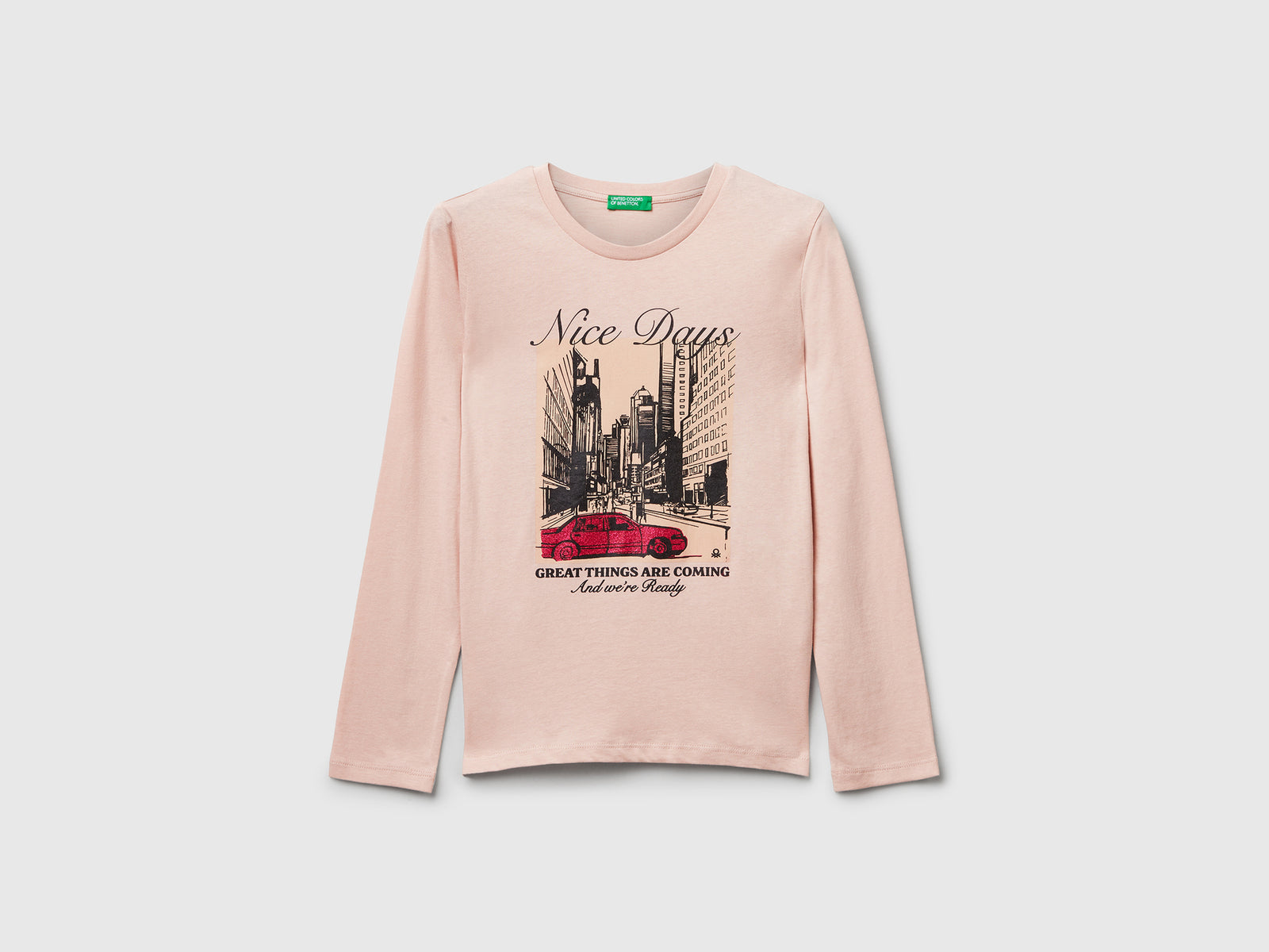 Maglietta con stampa glitter da bambina rosa tenue | Benetton Outlet