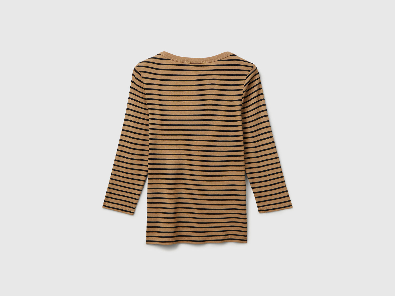 T-shirt manica 3/4 a righe in puro cotone da donna cammello 2 | Benetton Outlet