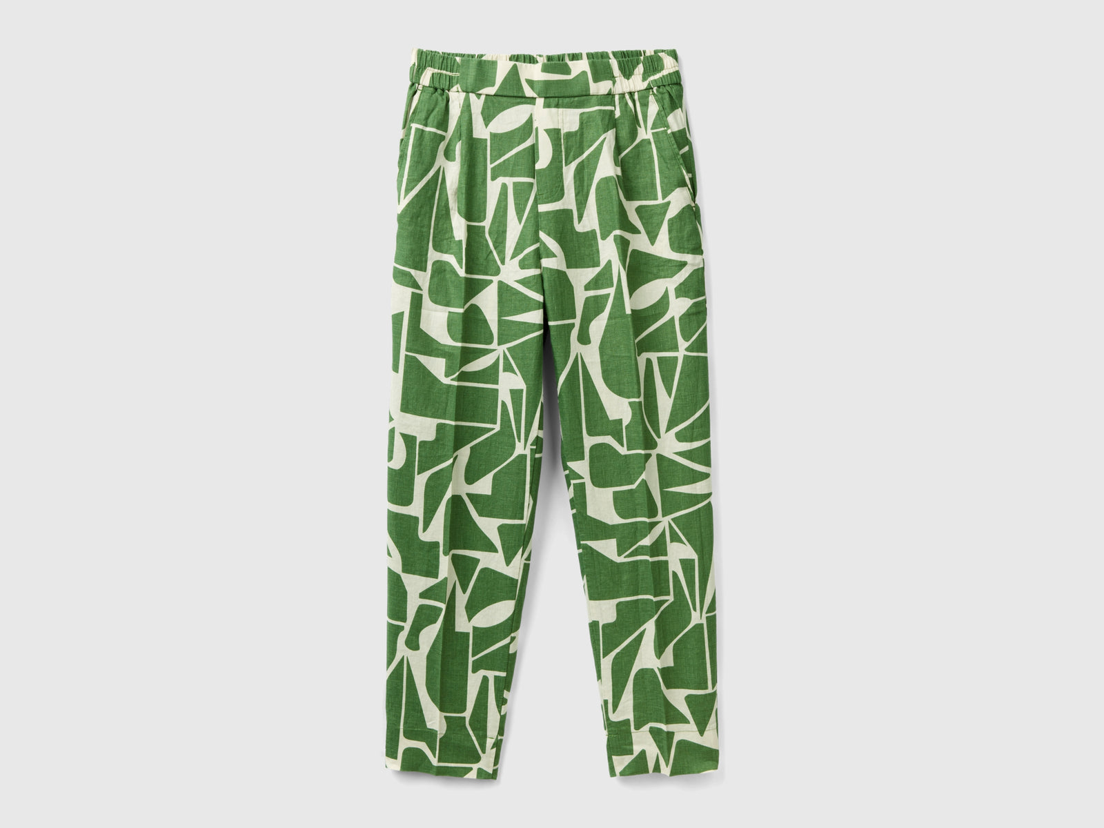Pantaloni in lino stampato da donna verde militare | Benetton Outlet