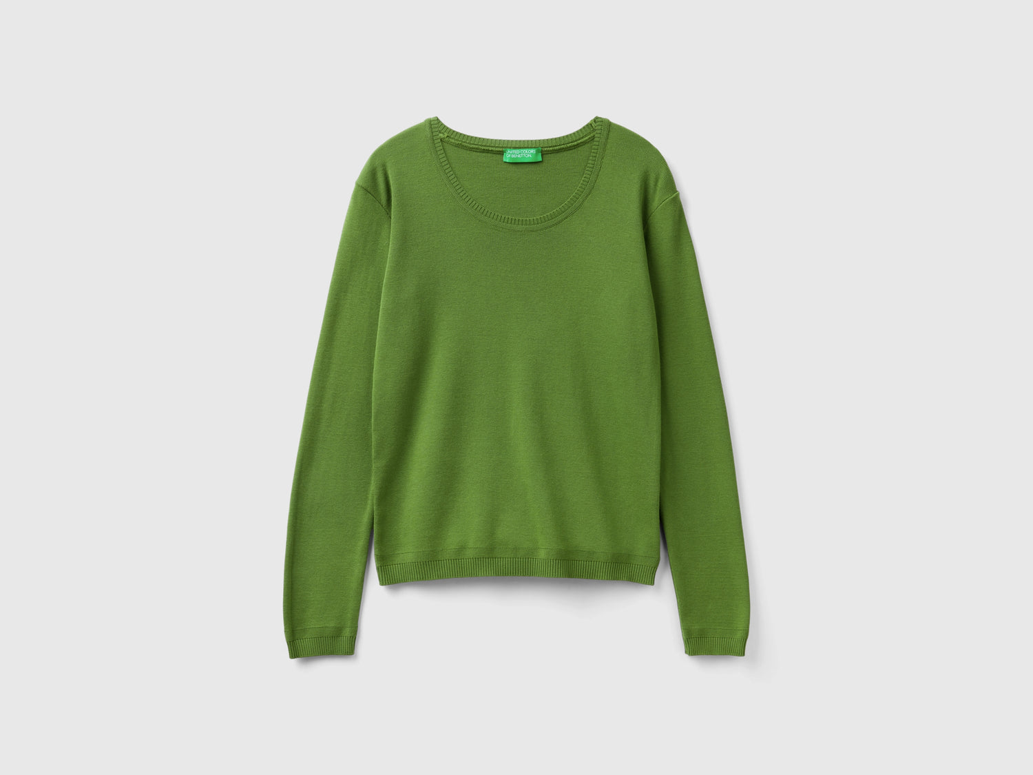 Maglia girocollo in puro cotone da donna verde militare | Benetton Outlet