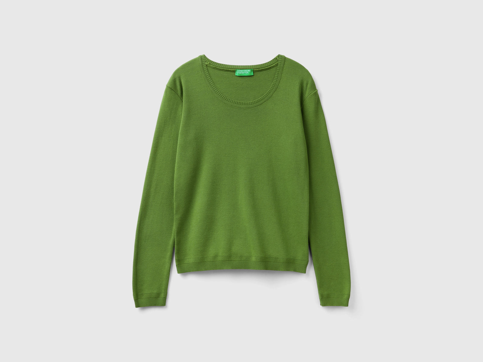 Maglia girocollo in puro cotone da donna verde militare | Benetton Outlet