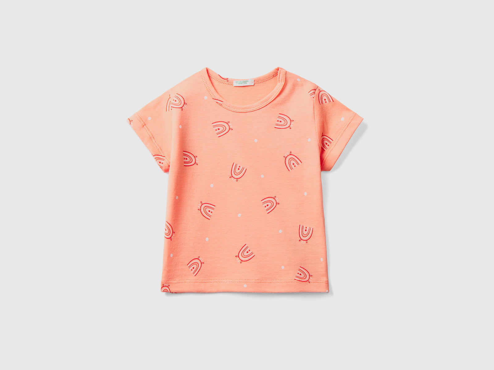 Maglietta girocollo a manica corta in puro cotone da neonato salmone | Benetton Outlet