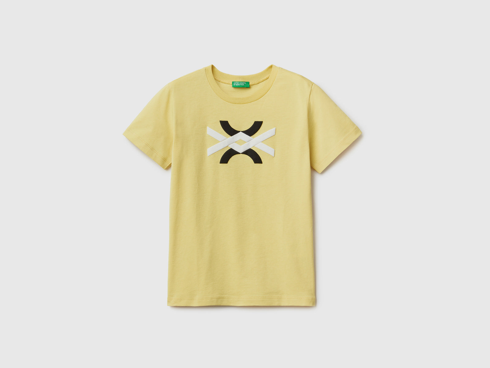 Maglietta girocollo a manica corta in puro cotone da bambino giallo | Benetton Outlet
