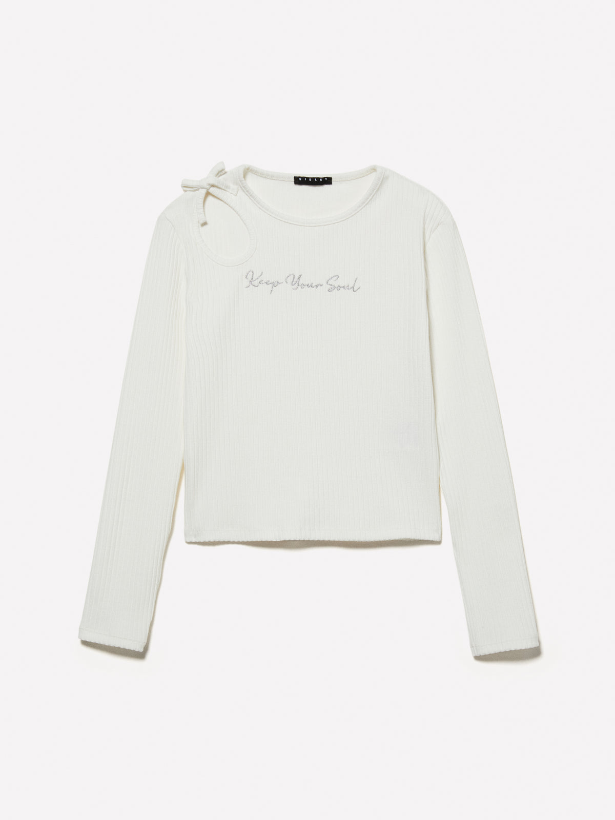 T-shirt a costine con ricamo e cut-out
