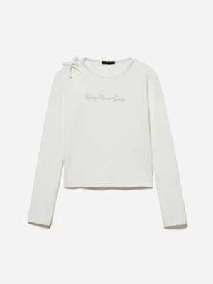 T-shirt a costine con ricamo e cut-out