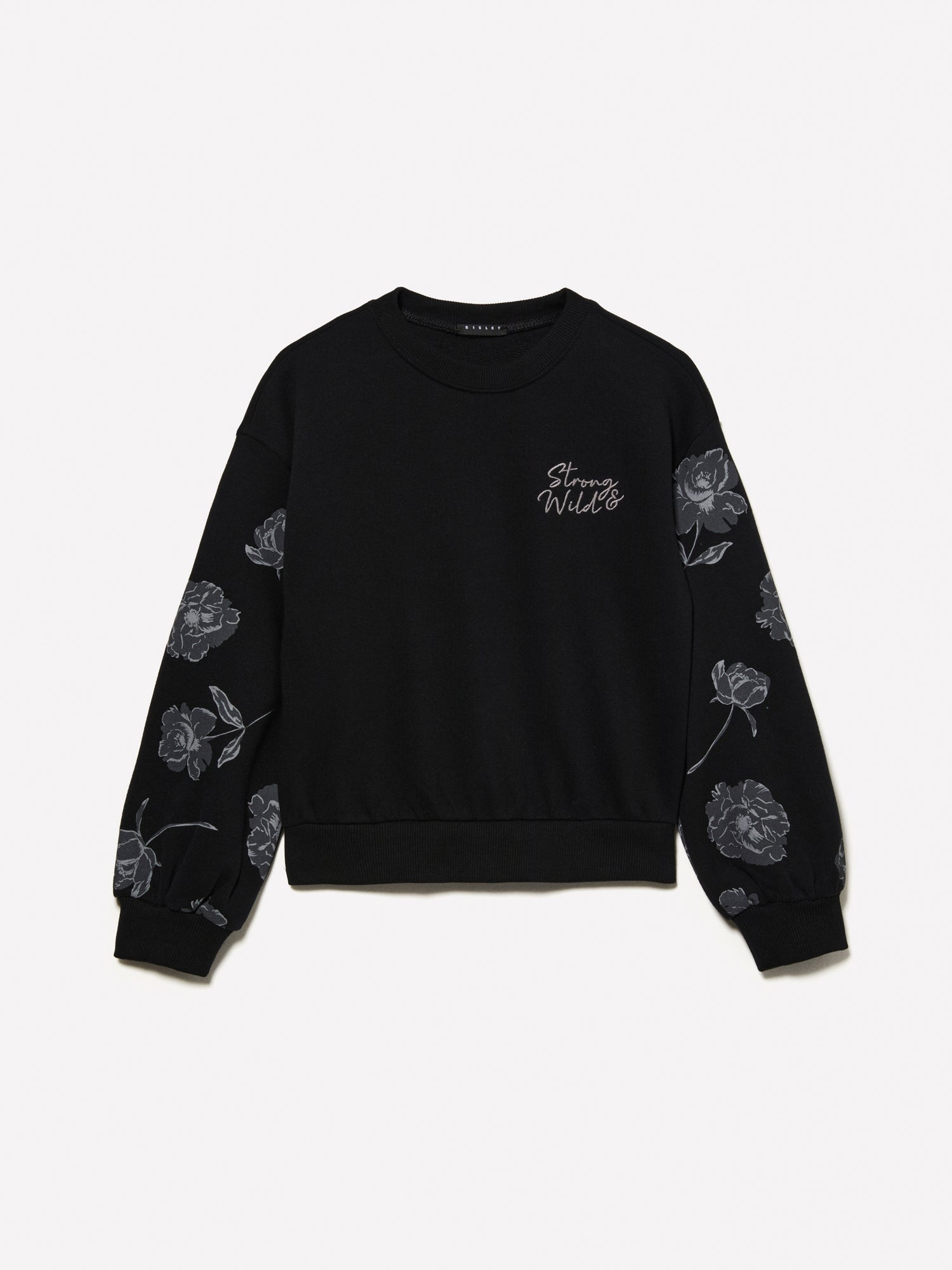 Felpa cropped con stampa floreale e ricamo da bambina nero | Sisley young Outlet