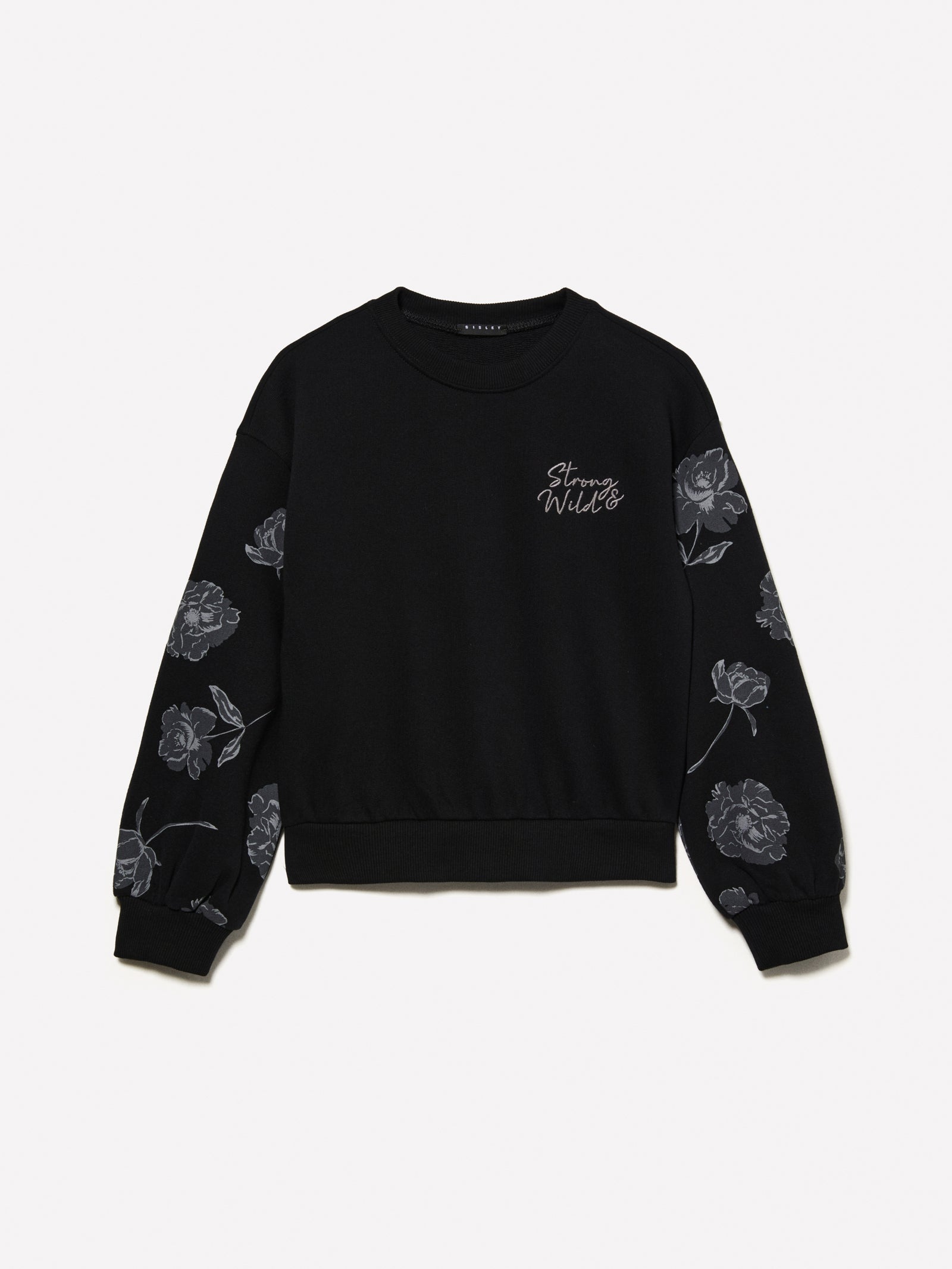 Felpa cropped con stampa floreale e ricamo da bambina nero | Sisley young Outlet