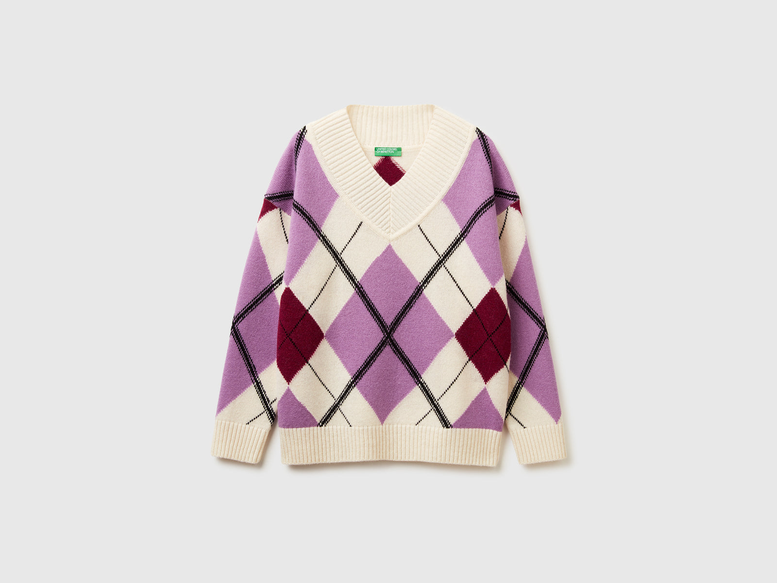 Maglione con intarsio rombi da donna bianco panna | Benetton Outlet