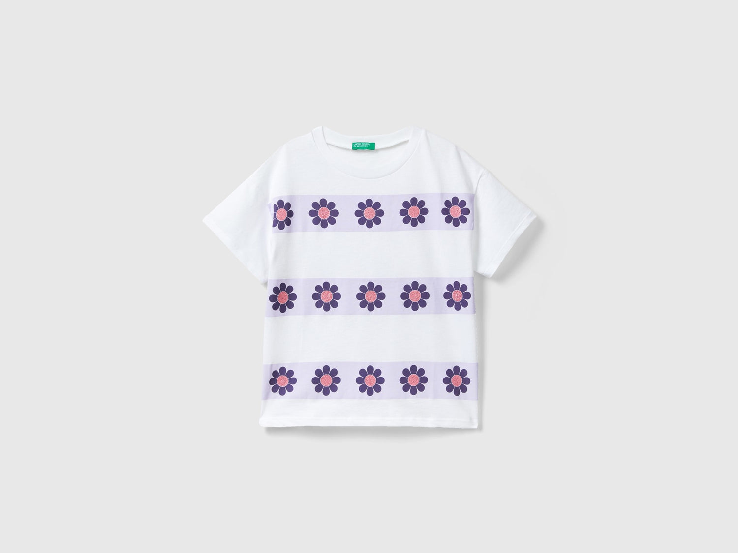 T-shirt manica corta con glitter da bambina bianco | Benetton Outlet