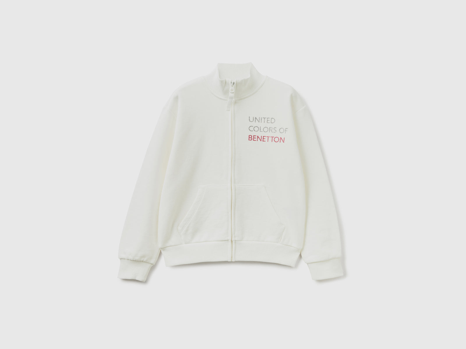 Felpa con zip e colletto da bambina bianco panna | Benetton Outlet