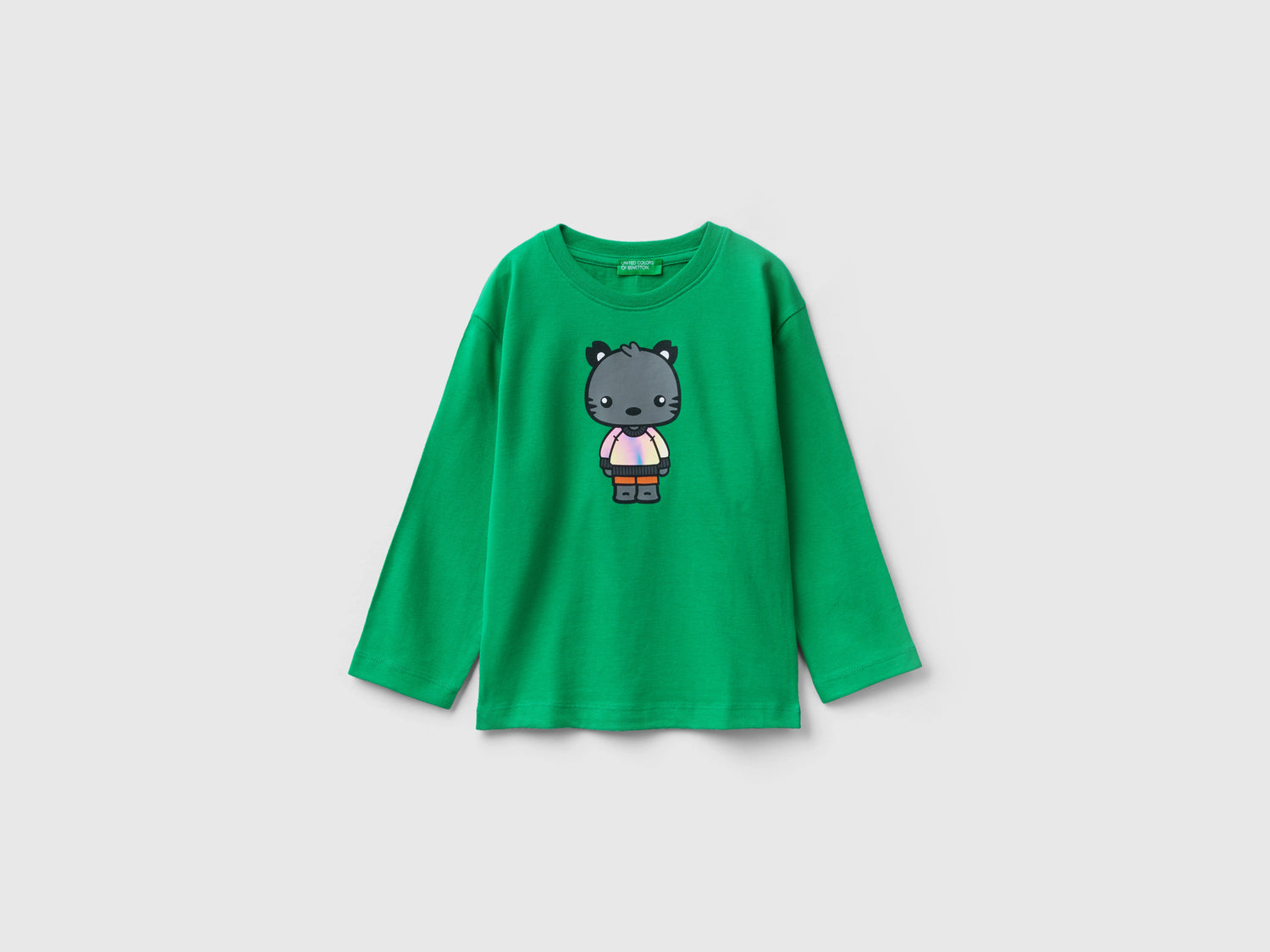 Maglietta con stampa in cotone a fibra lunga da bimbo verde | Benetton Outlet
