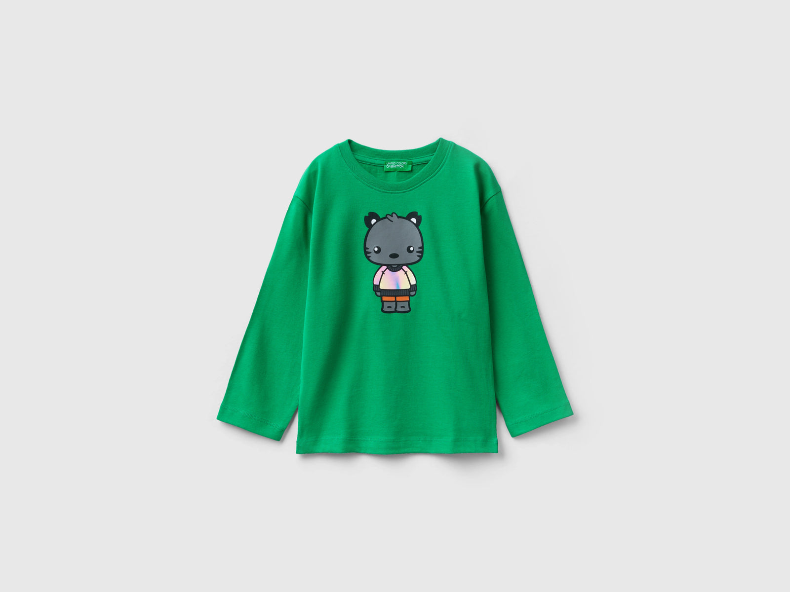 Maglietta con stampa in cotone a fibra lunga da bimbo verde | Benetton Outlet
