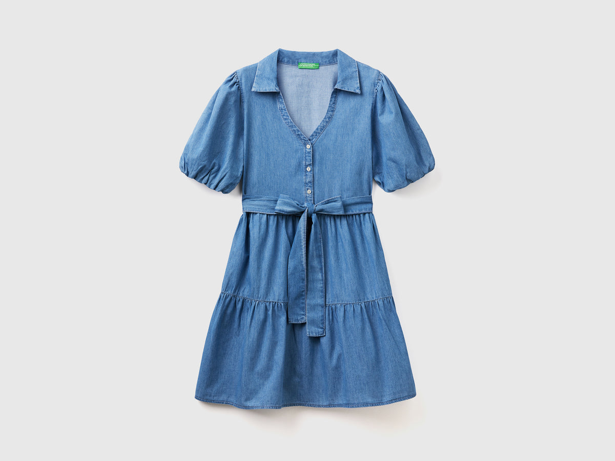 Vestito corto in chambray di puro cotone con manica corta a sbuffo