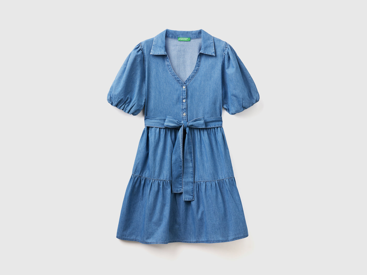 Vestito corto in chambray di puro cotone con manica corta a sbuffo da donna blu | Benetton Outlet