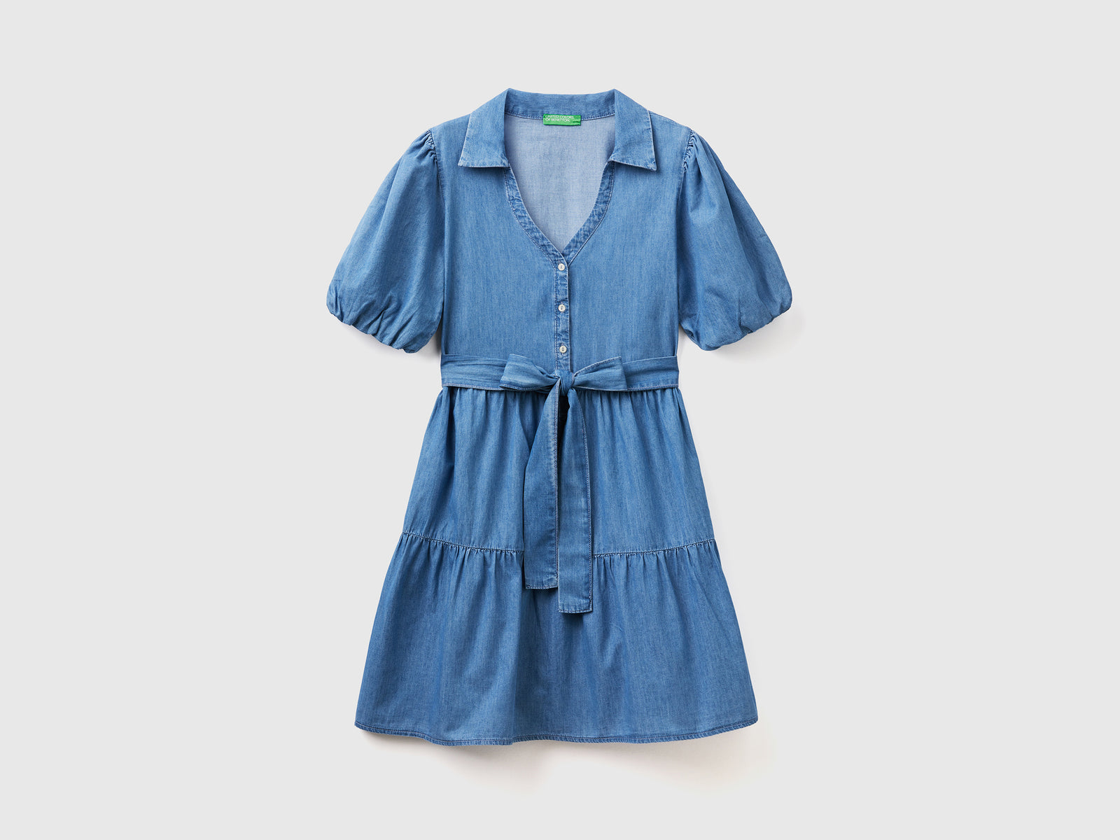Vestito corto in chambray di puro cotone con manica corta a sbuffo da donna blu | Benetton Outlet