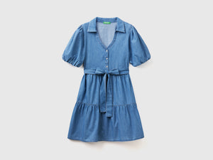 Vestito corto in chambray di puro cotone con manica corta a sbuffo