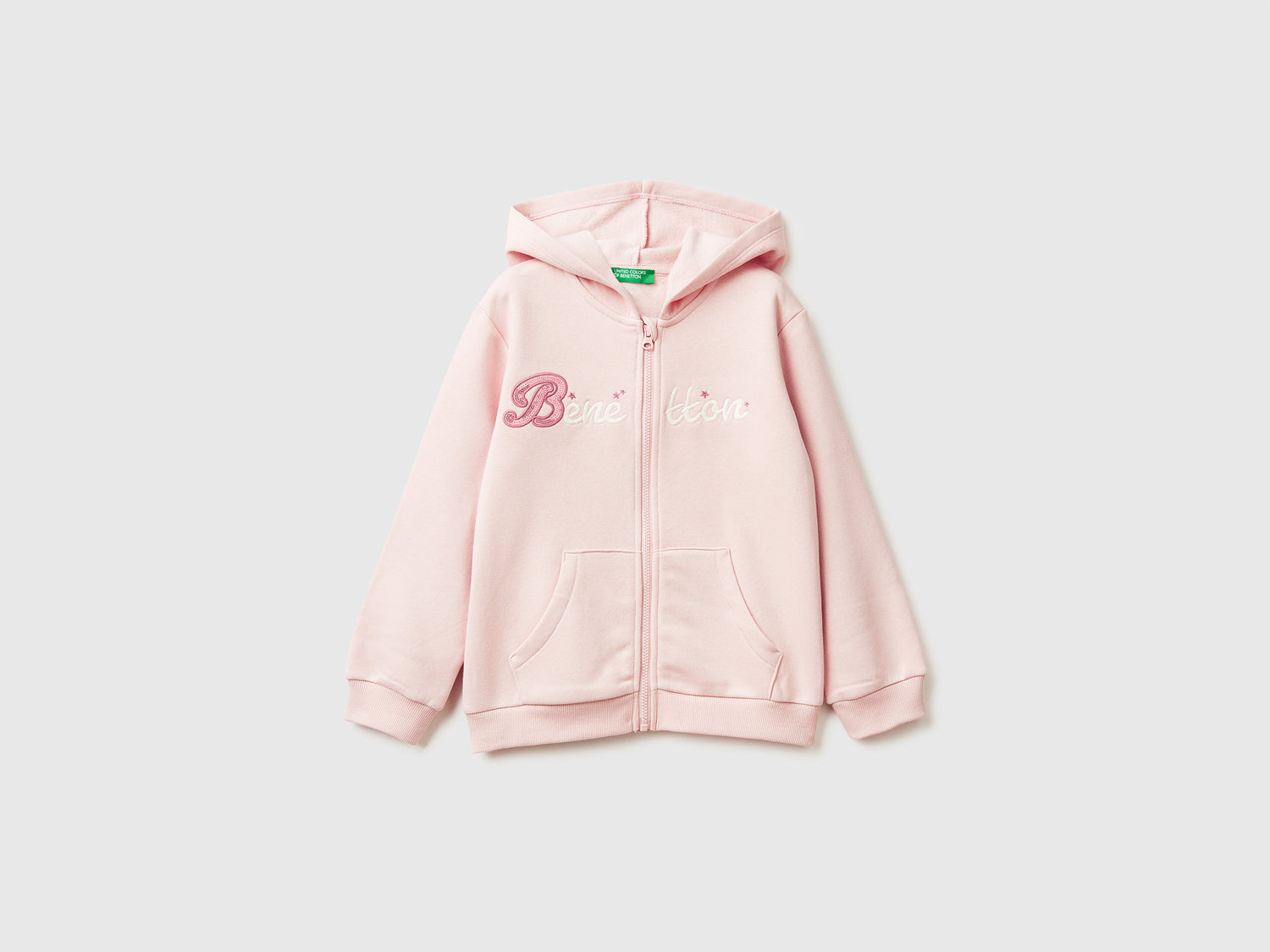 Felpa con zip e paillettes da bimba rosa tenue | Benetton Outlet
