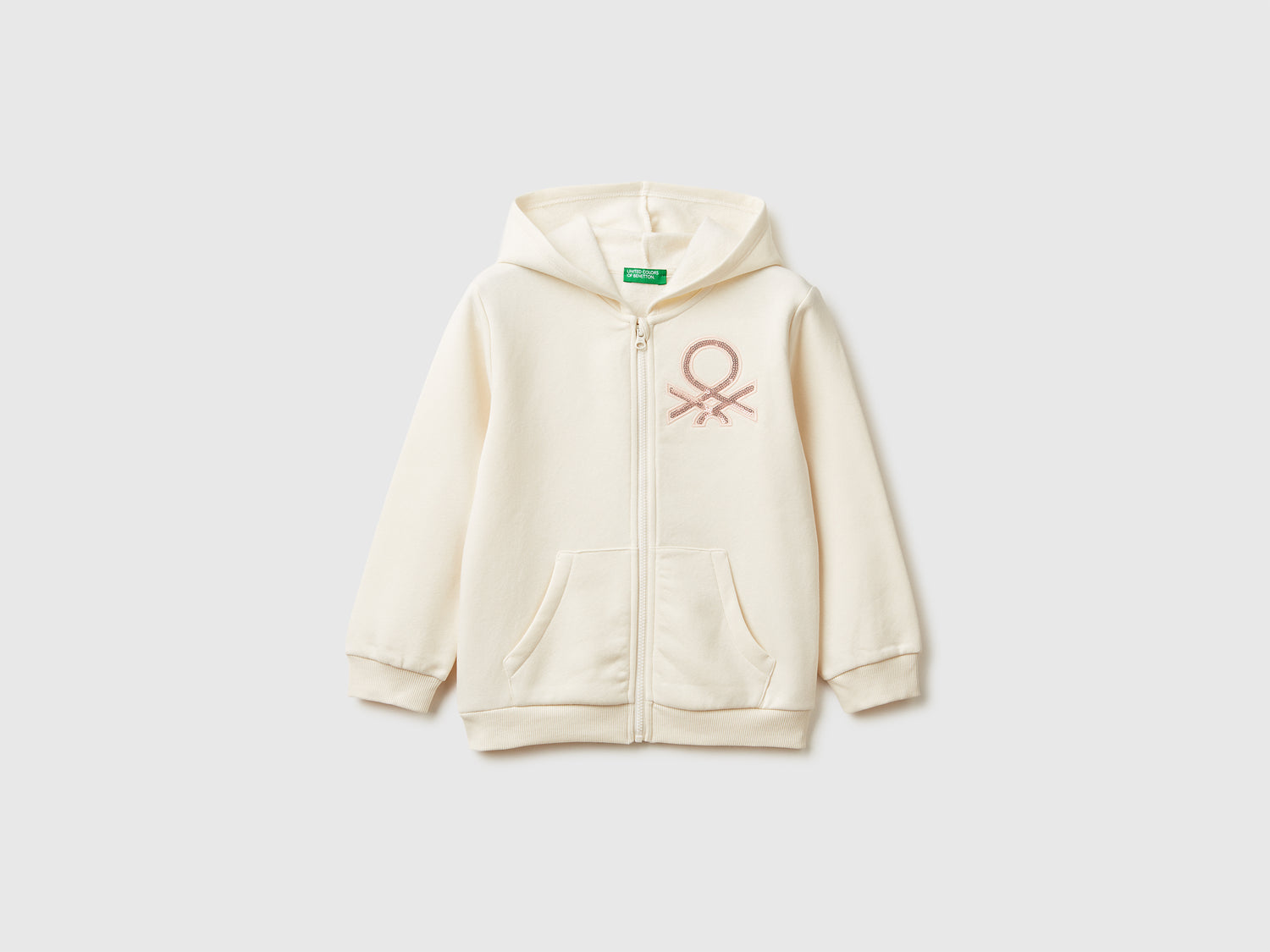 Felpa con zip e paillettes da bimba bianco panna | Benetton Outlet