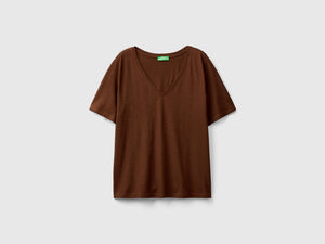 T-shirt scollo a V in cotone fiammato