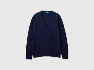 Cardigan blu notte scollo a V in pura lana Merino