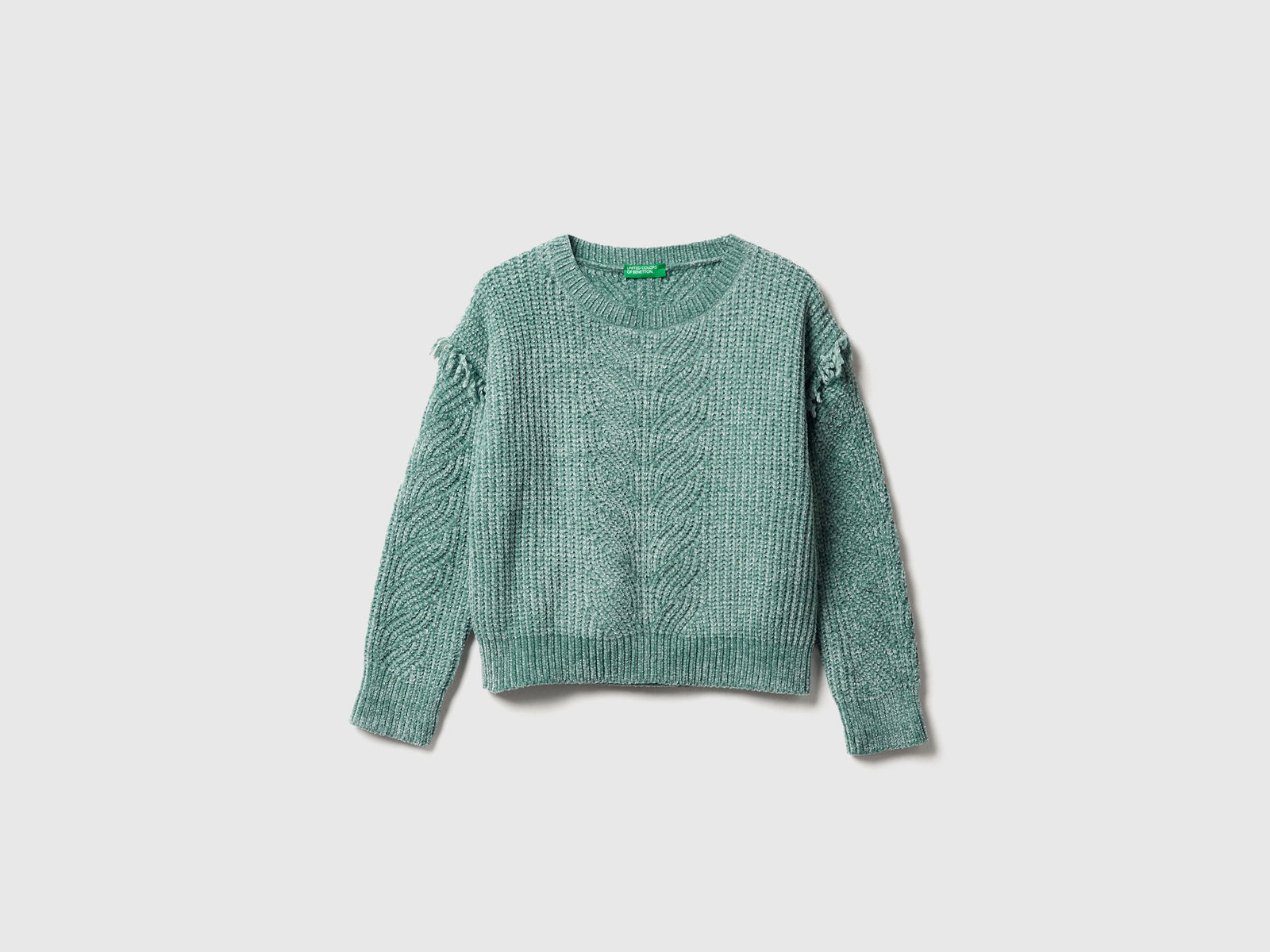 Maglione in ciniglia con frange da bambina verde acqua | Benetton Outlet